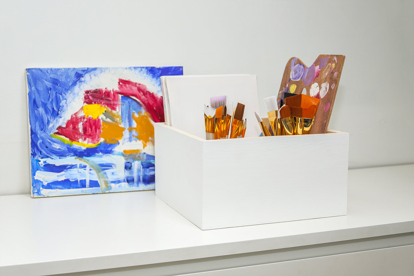 wooden box, open, primed white